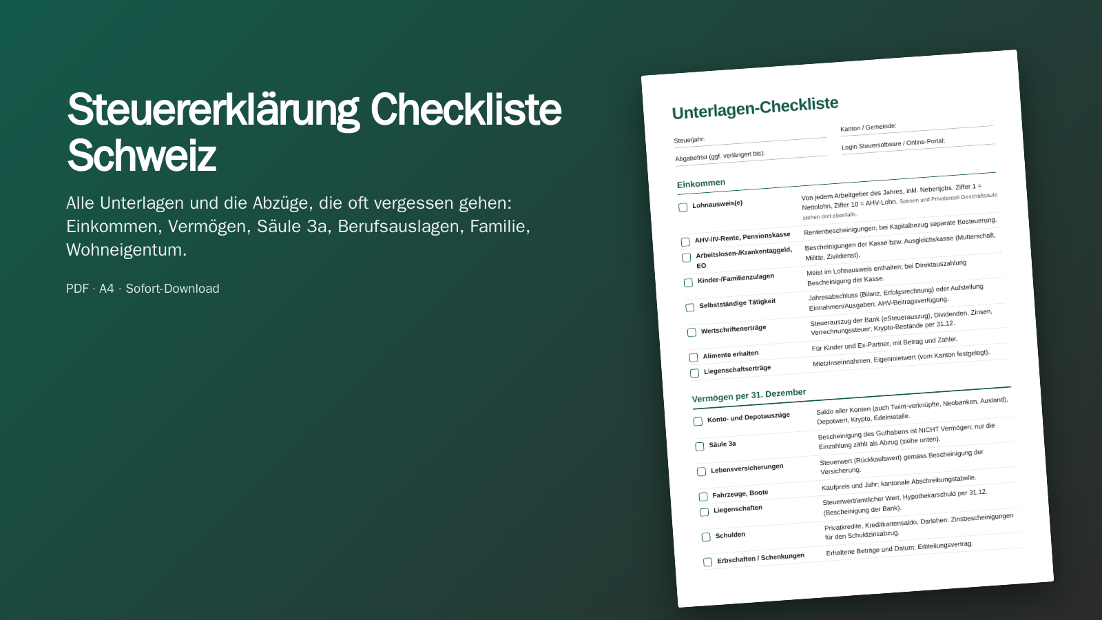 Steuererklärung Checkliste Schweiz (PDF)